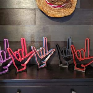ASL I Love You sign with stand on display